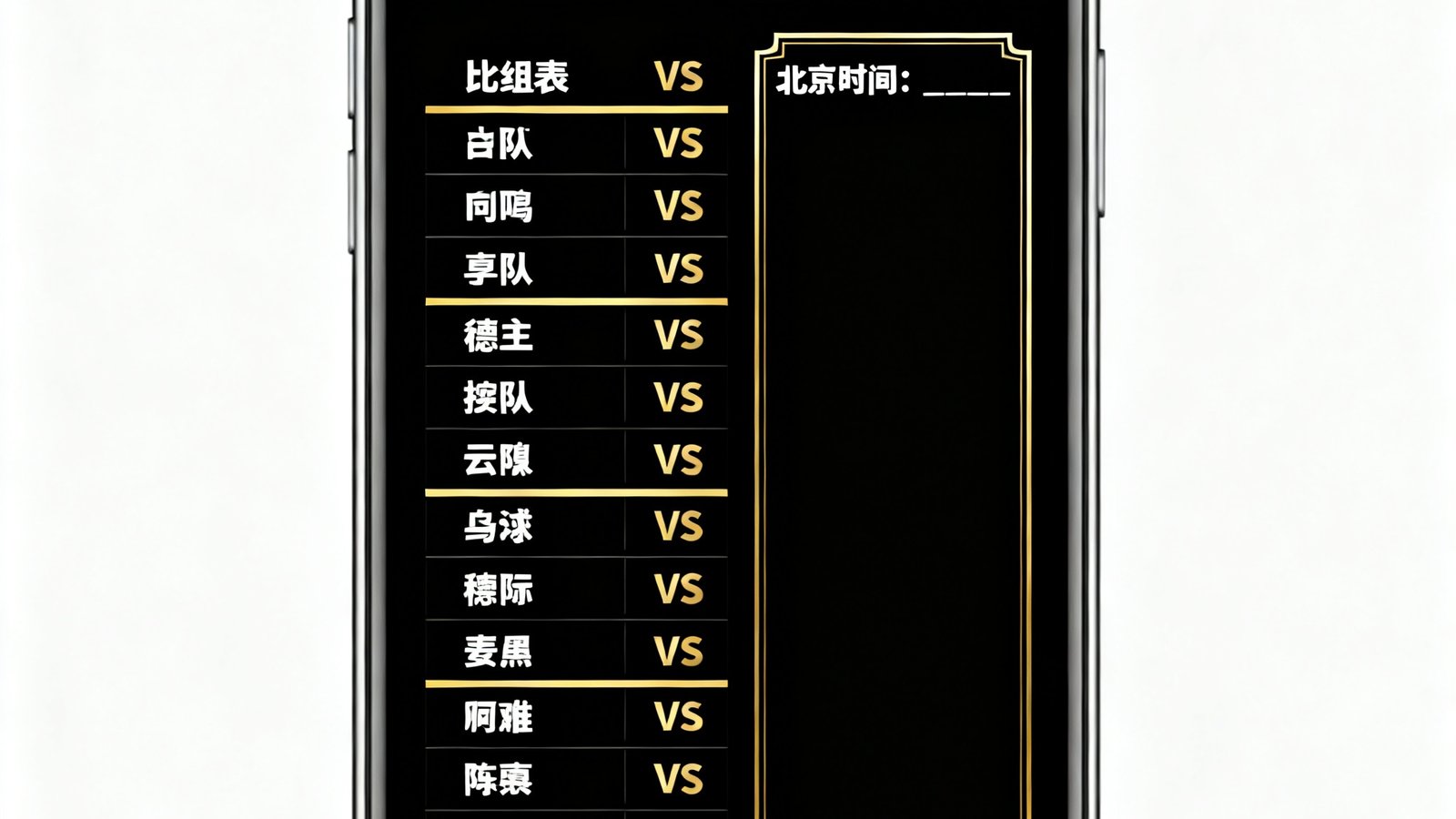 2026世界杯赛程壁纸示例，手机桌面显示小组赛对阵和北京时间填写区，设计感黑白金配色