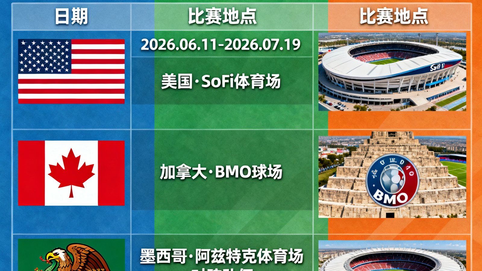 2026世界杯完整赛程表背景图，包含美国、加拿大、墨西哥三国元素及比赛场馆预览